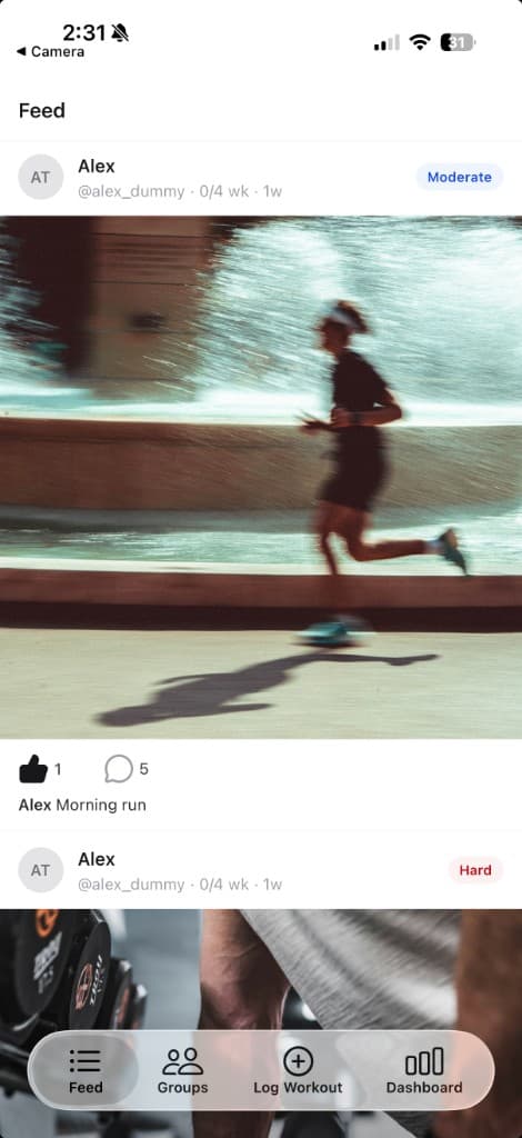 Spotter feed showing workout posts from your group