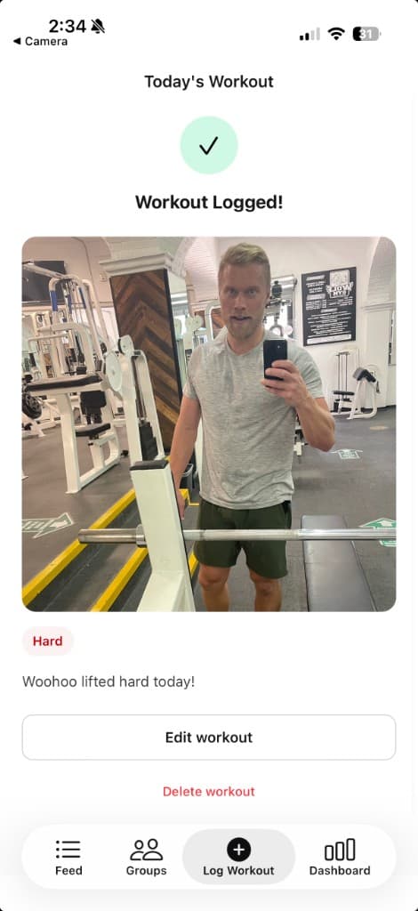 Workout logged confirmation screen